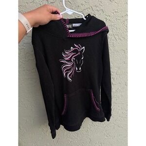 Cowgirl Baby Black Hoodie Sweatshirt L/10-12 Horse Embroidery Waffle Knit